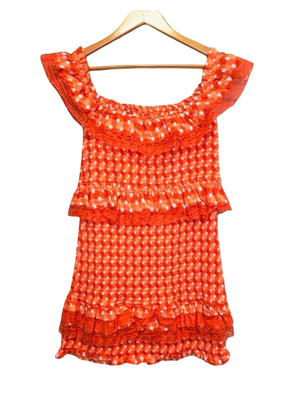 Tularosa Orange Smocked Off-Shoulder Ruffle Mini Dress | Large I Boho Chic